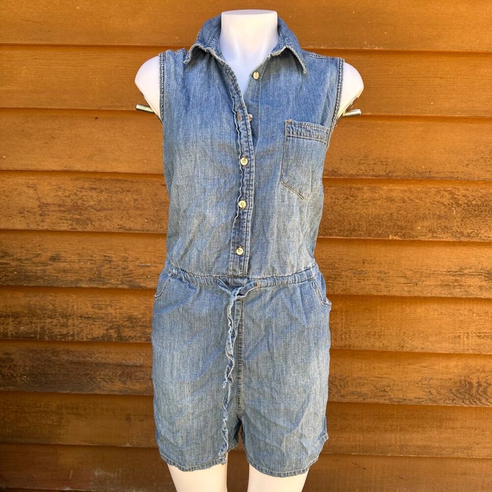 Universal Thread Womens Denim Jean Sleeveless Button-Up Jumper With Elastic Wais
